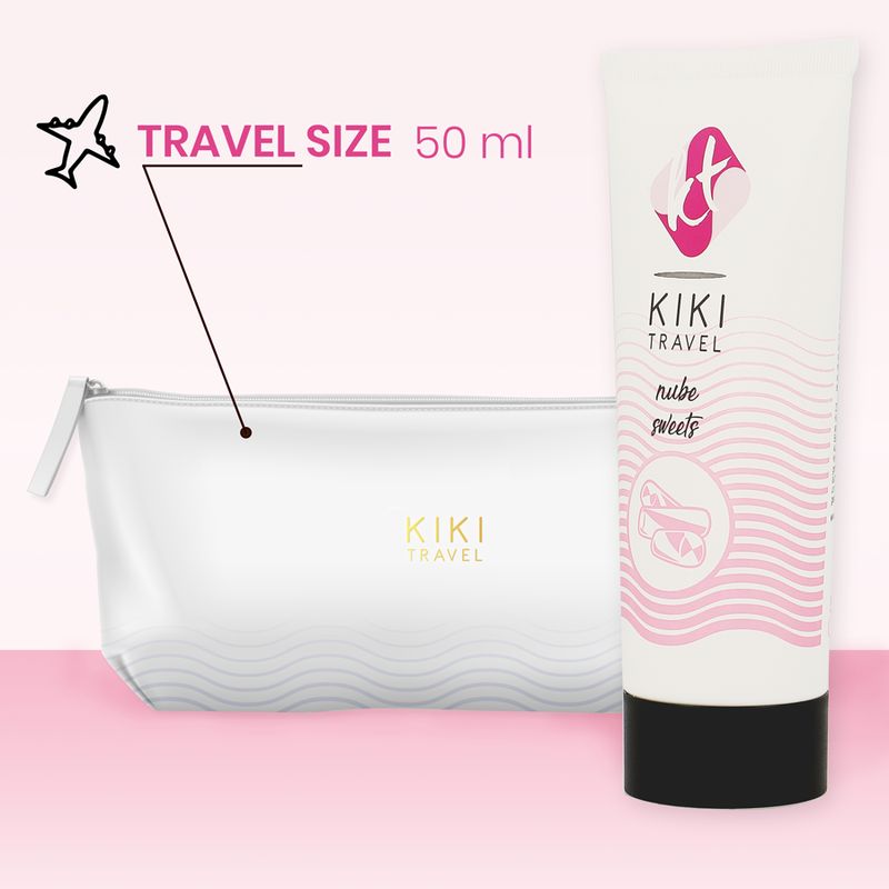 Weiße Tube mit rosa Akzenten und Produktnamen. Daneben eine transparente Kosmetiktasche. Aufdruck: KIKI TRAVEL, nube sweets.