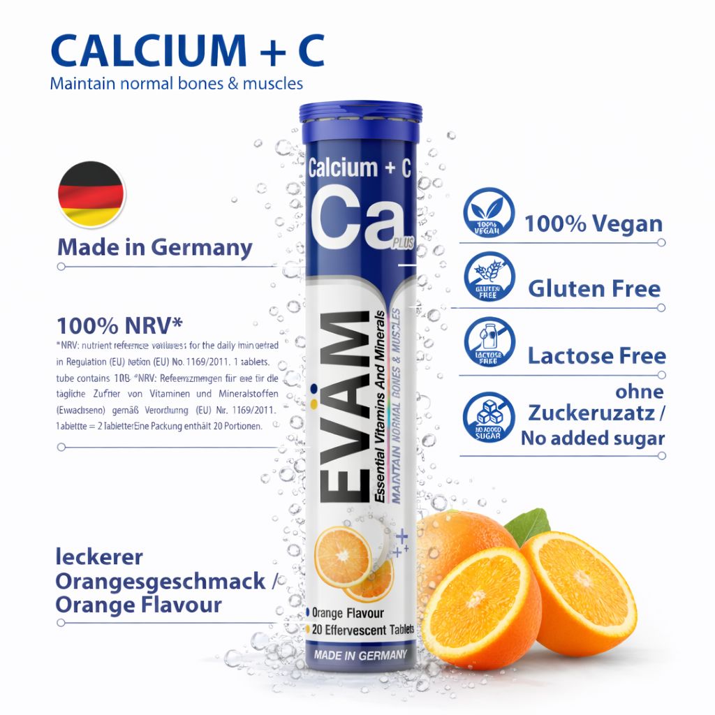 EVÄM Calcium + Vitamin C Brausetabletten. Tube mit 20 Brausetabletten. Vegan, glutenfrei, laktosefrei, ohne Zuckerzusatz. Orangenaroma.