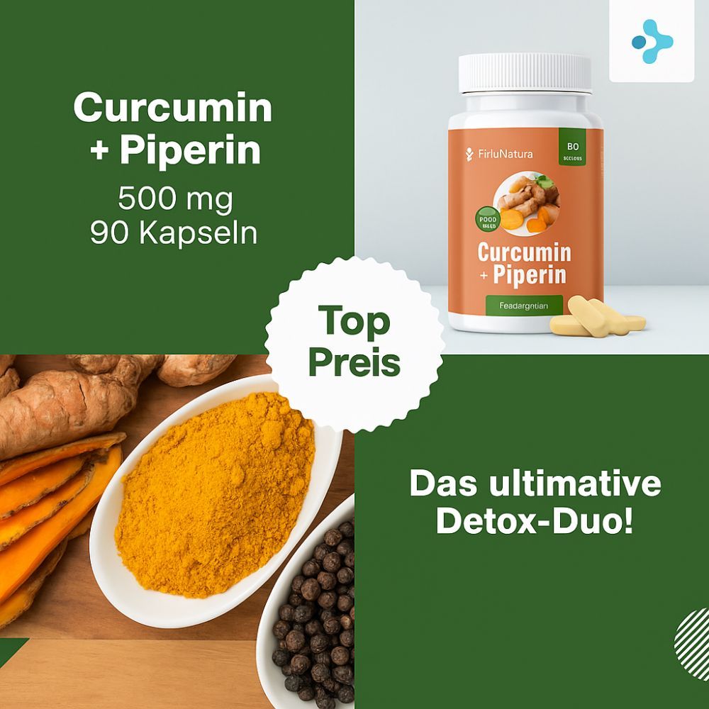 Flasche mit Curcumin + Piperin. 500 mg, 90 Kapseln. Top Preis. Gelbes Pulver und Pfefferkörner in Schalen. Text: Das ultimative Detox-Duo!