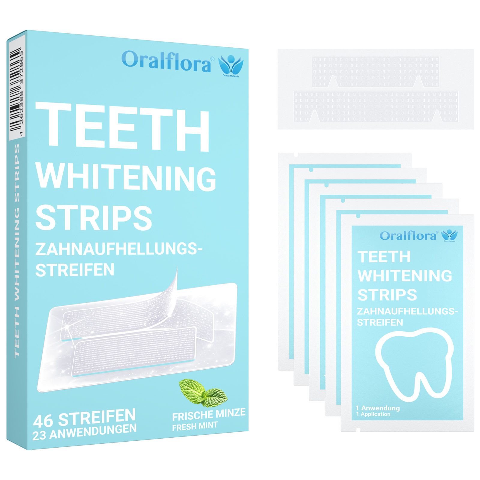Packung und Einzelverpackungen von Zahnaufhellungsstreifen. Aufschrift: Teeth Whitening Strips, 46 Streifen, Frische Minze.