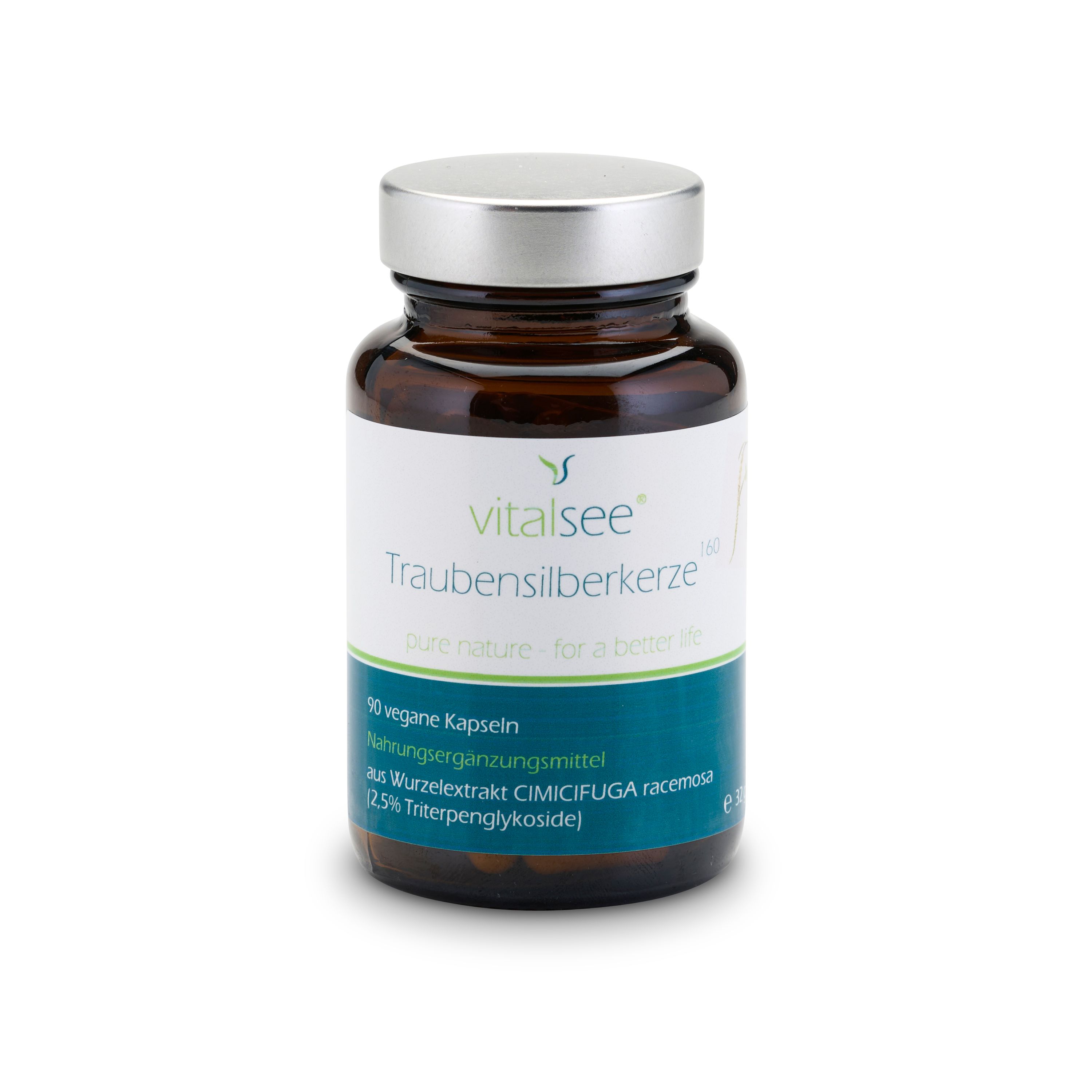 Braune Glasflasche mit silbernem Deckel. Weißes Etikett mit grünen und blauen Akzenten. Text: Vitalsee, Traubensilberkerze, 90 vegane Kapseln.