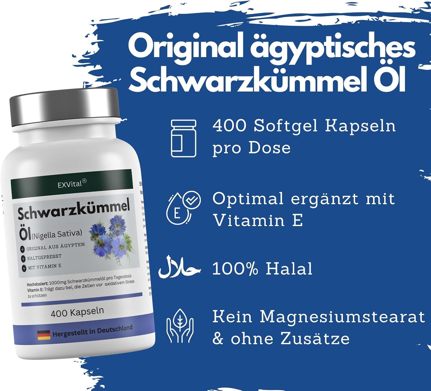 Weiße Flasche mit schwarzem Deckel. Aufschrift: EXVital, Schwarzkümmel Öl, 400 Softgel Kapseln. 100% Halal.