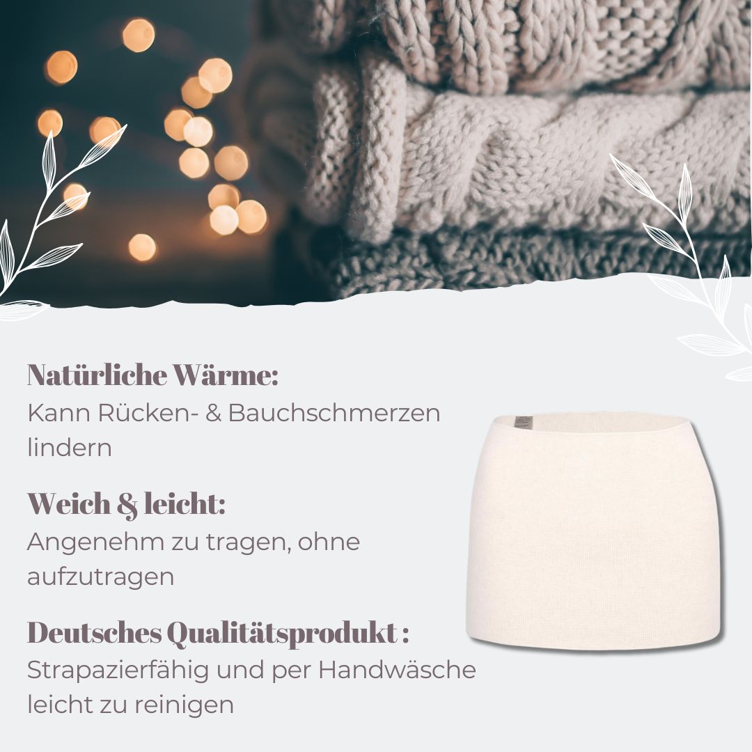 Elfenbeinfarbener Leibwärmer. Text: Natürliche Wärme, weich & leicht, deutsches Qualitätsprodukt.