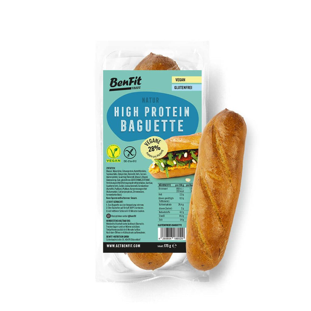Verpackte Baguette. Aufschrift: High Protein Baguette, vegan, glutenfrei. Marke: BenFit. Produktabbildung mit Sandwich.