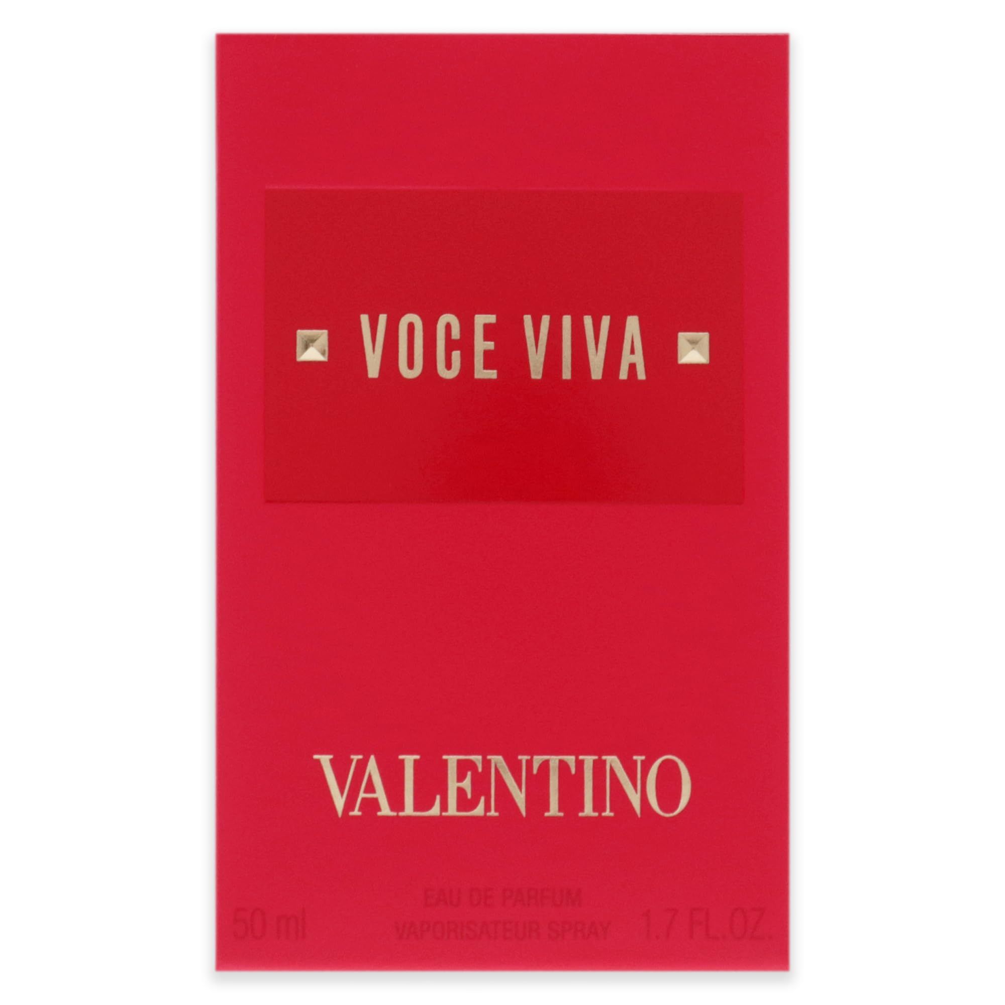 Rote Verpackung, Text und Barcode. Valentino Voce Viva Eau de Parfum. 50 ml.