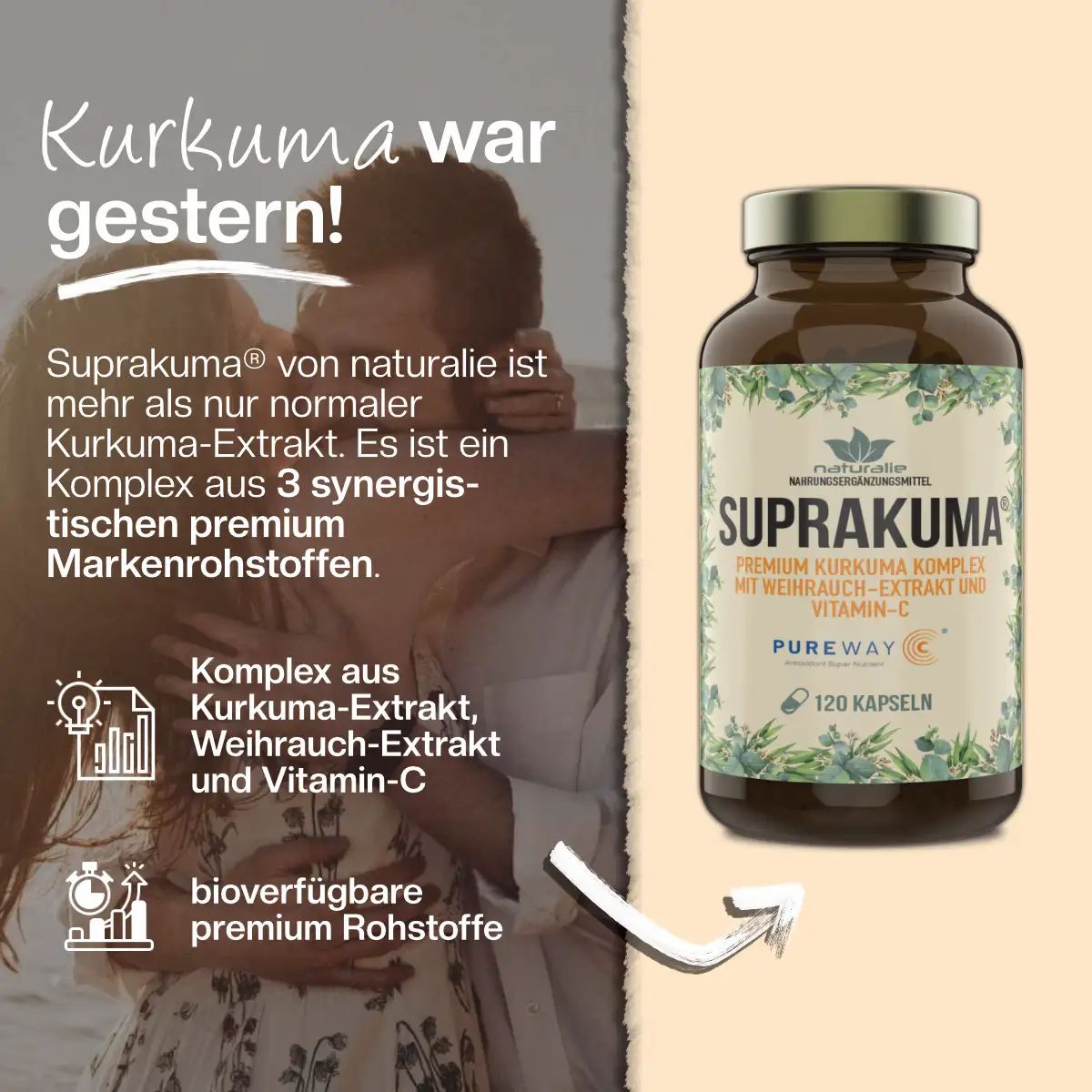 Ein Paar küsst sich, daneben ein Glas Suprakuma Kapseln.