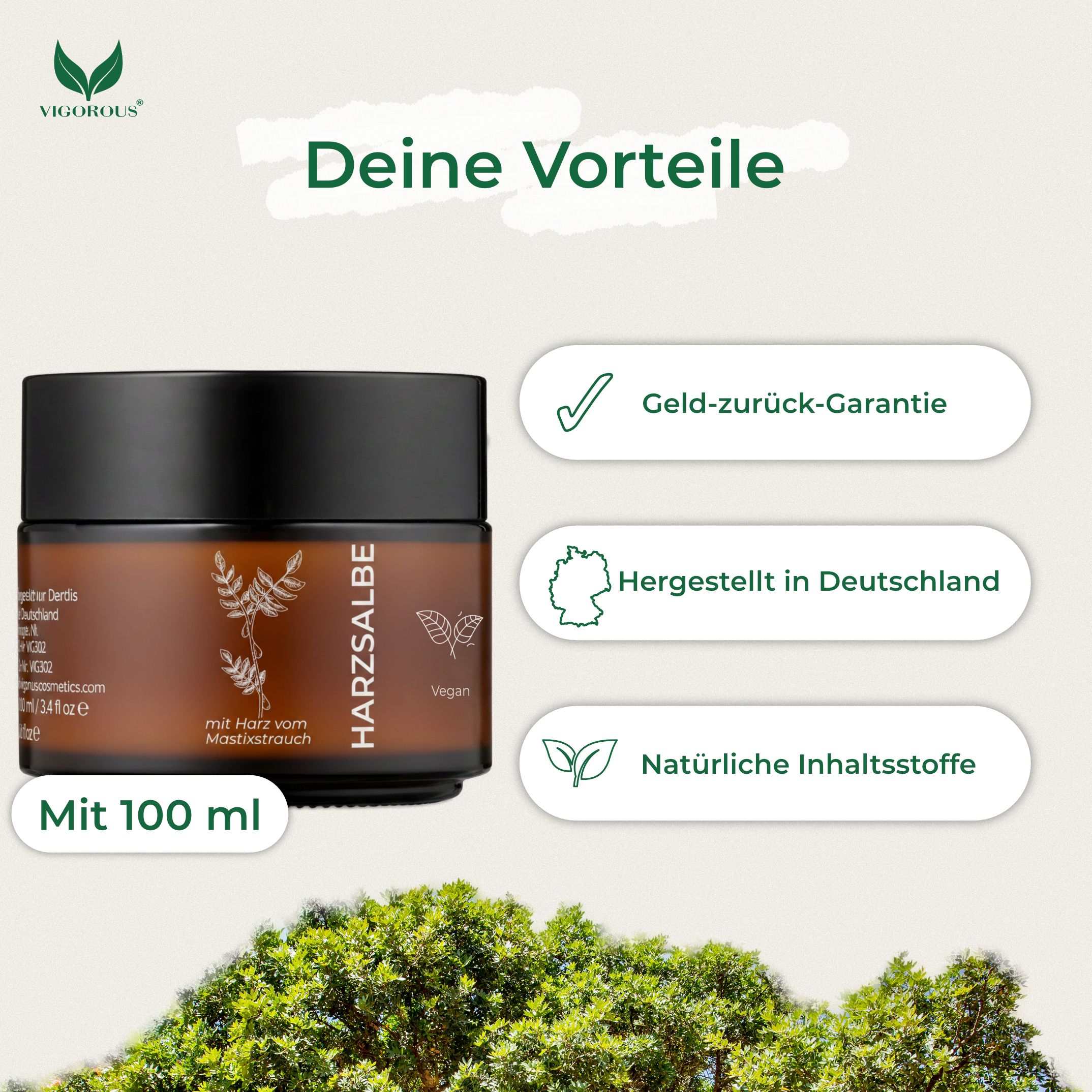 Braune Dose mit schwarzem Deckel, Harzsalbe-Aufschrift, daneben Vorteile: Geld-zurück-Garantie, hergestellt in Deutschland, natürliche Inhaltsstoffe.