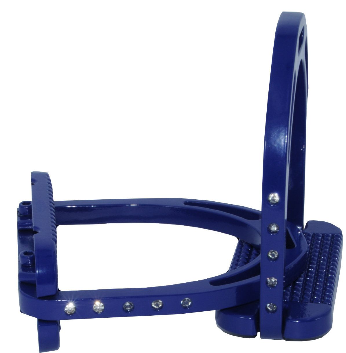 Blauer Steigbügel im Profil. Sichtbar sind Trittfläche, Bügel und Strasssteine.