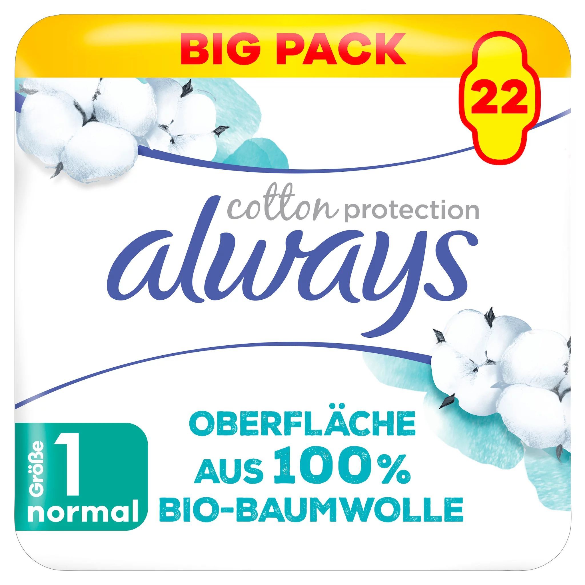 Always Damenbinden, Big Pack, 22 Stück, Oberfläche aus 100% Bio-Baumwolle.
