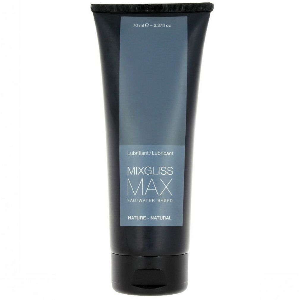 Schwarze Tube mit grauer Beschriftung. Aufschrift: MIXGLISS MAX, Wasserbasis. Oben: 70 ml. Unten: NATURE - NATURAL.
