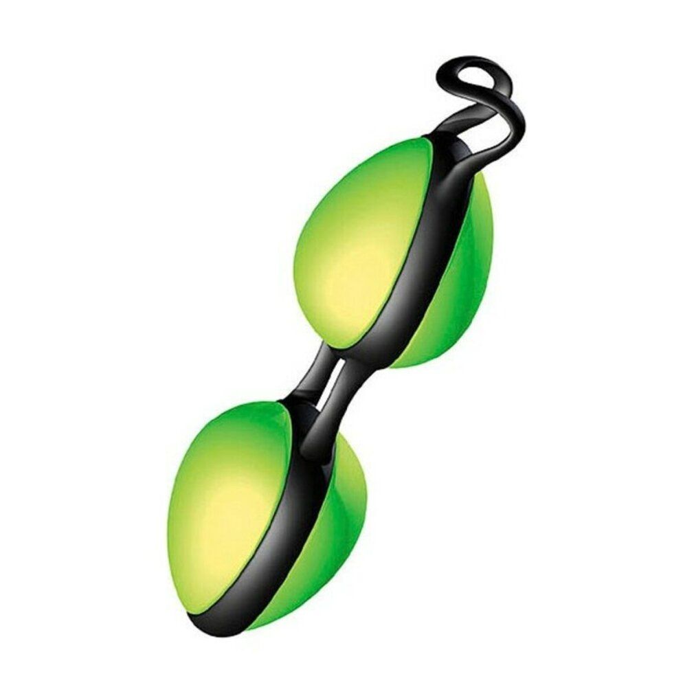 Zwei grüne, ovale Kugeln mit schwarzem Band verbunden. Schwarzer Griff. Wellness-Produkt.