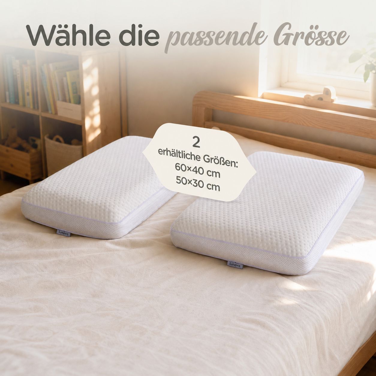 Zwei Lunova Kinderkissen in den Größen 60x40 cm und 50x30 cm auf einem Bett.