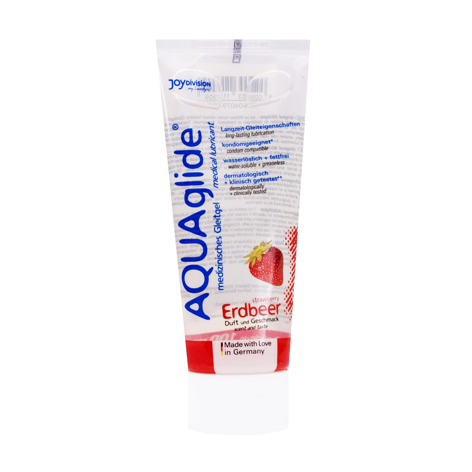 Aquaglide Gleitgel, Tube mit Erdbeergeschmack. Aufschrift: medizinischer Gleitgel, Erdbeer, Duft und Geschmack.