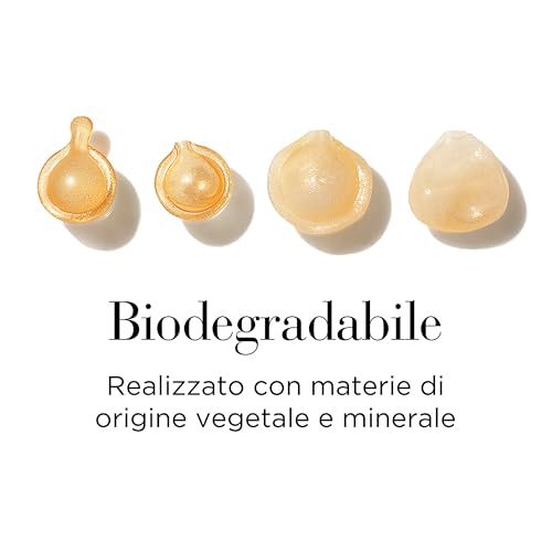 Vier Kapseln. Text: Biodegradabile, Realizzato con materie di origine vegetale e minerale.