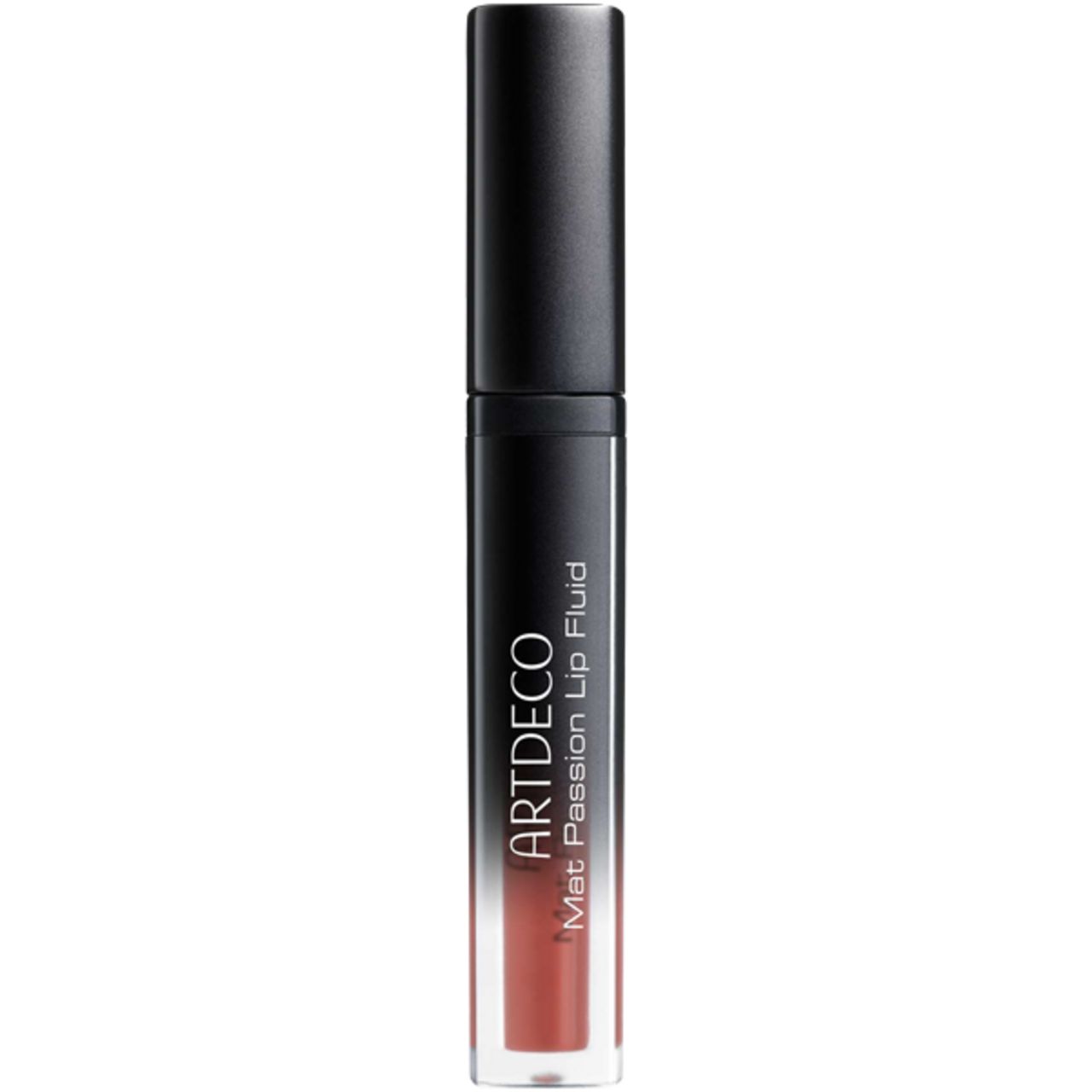 Artdeco Mat Passion Lip Fluid. Schwarze Tube mit Produktnamen. Rote Flüssigkeit sichtbar. Schwarzer Deckel.