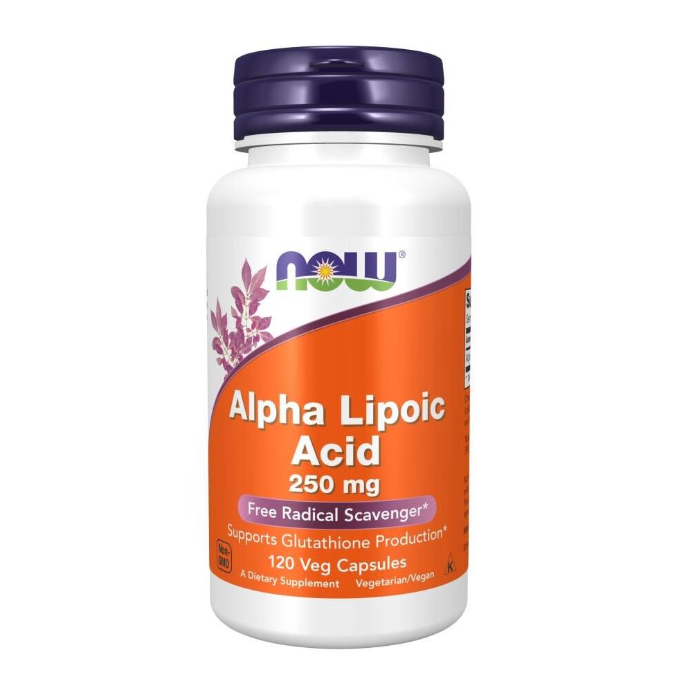 Weiße Flasche mit lila Deckel. Aufschrift: Alpha Lipoic Acid 250 mg, 120 Veg Capsules. Marke: NOW.