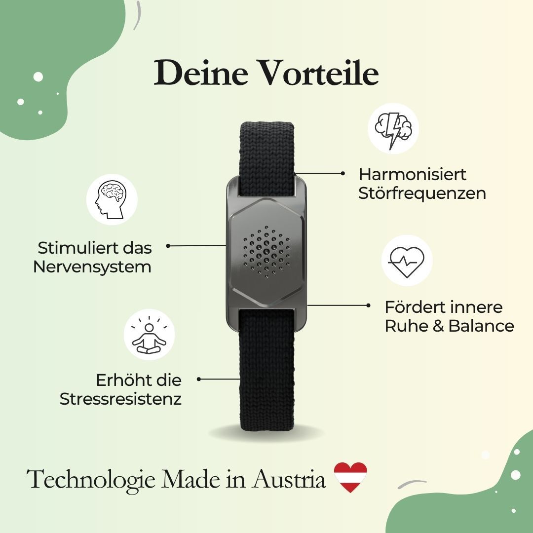 Grafik mit Armband und Icons: Nervensystem, Stressresistenz, Ruhe, Störfrequenzen. Technologie Made in Austria.