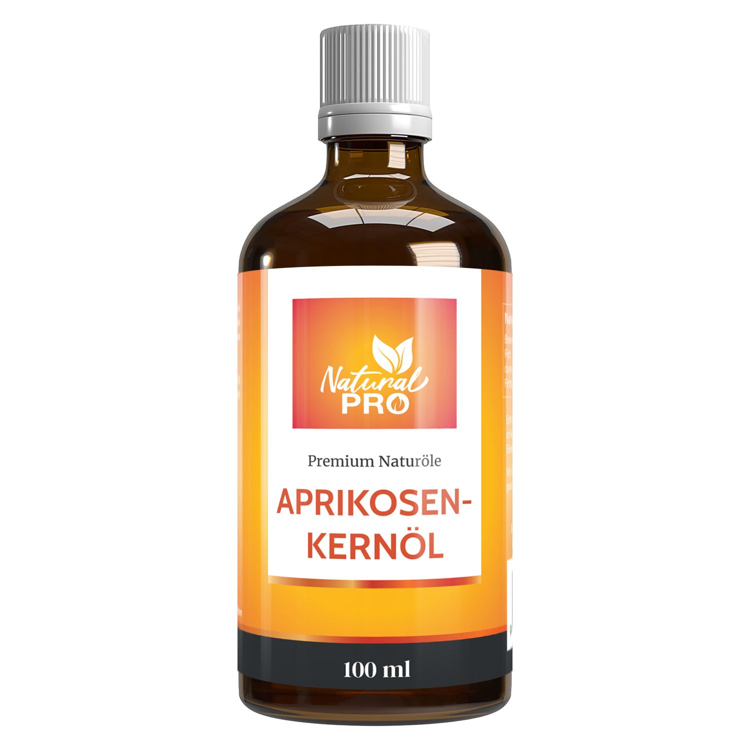 Braune Glasflasche mit weißem Deckel und orangefarbenem Etikett. Aufschrift: Natural Pro, Aprikosenkernöl, 100 ml.