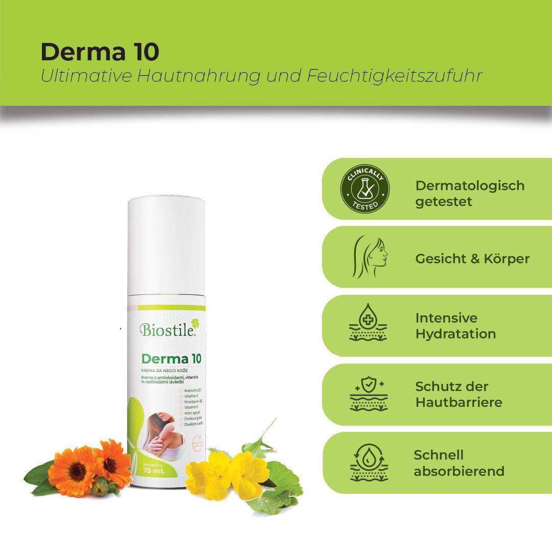 Biostile Derma 10 Pflegecreme Flasche mit Siegeln für Dermatologisch getestet.