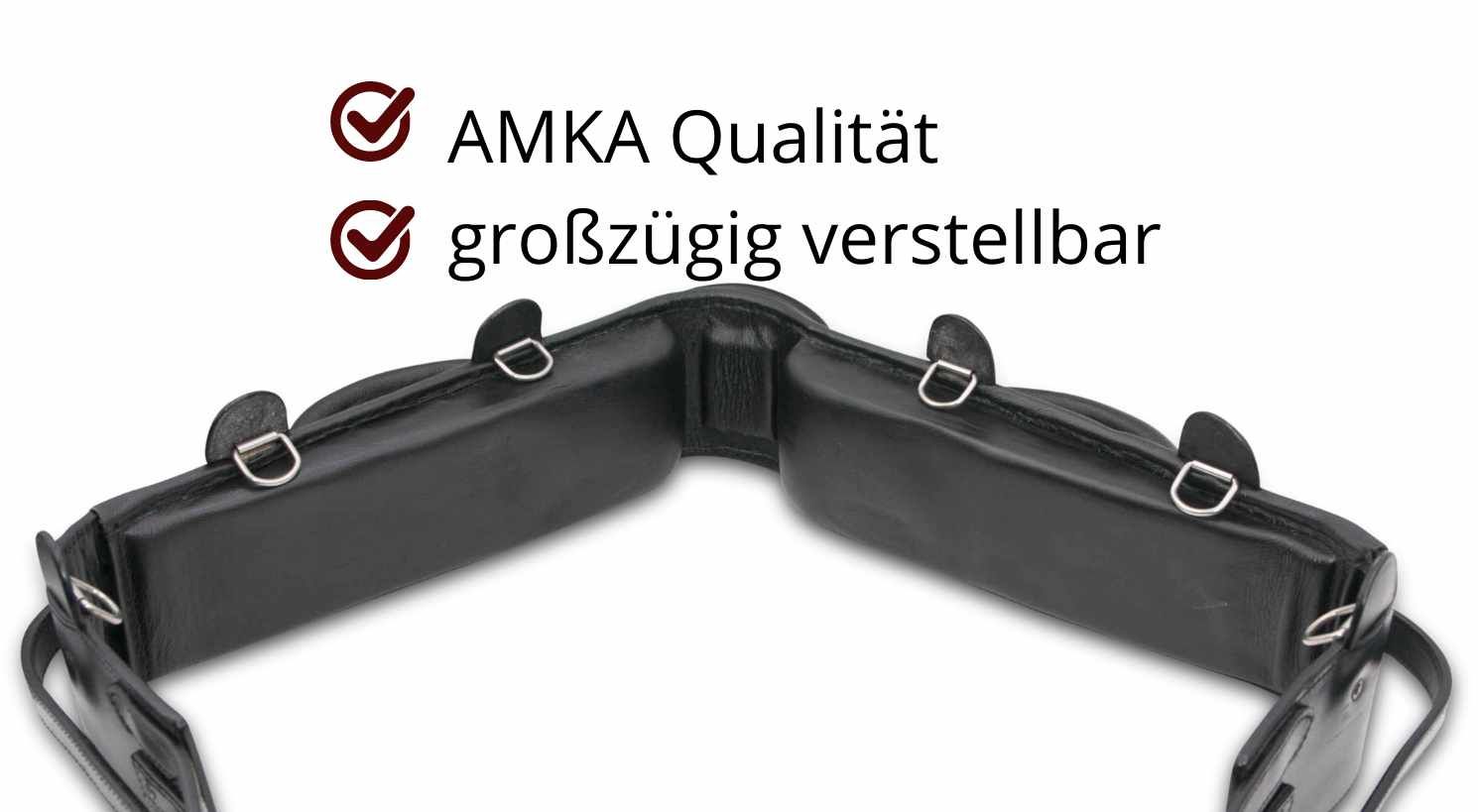 Schwarzer Voltigiergurt mit Ringen. Text: AMKA Qualität, großzügig verstellbar.