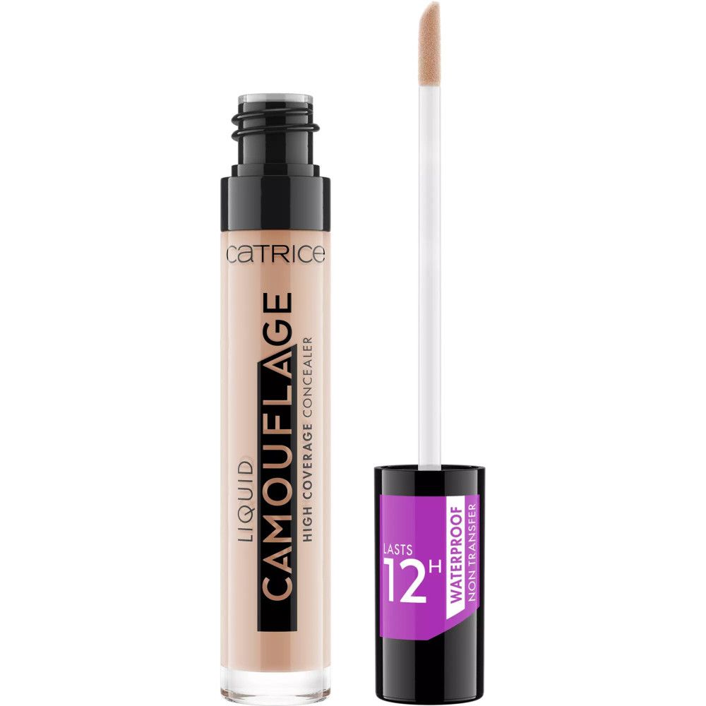 Catrice Camouflage Concealer. Tube mit Applikator. Schwarzer Deckel mit Aufschrift: Waterproof, 12H. Produktname: Camouflage, High Coverage Concealer.