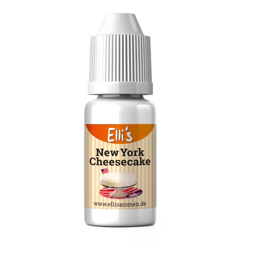 Fläschchen mit Etikett. Aufschrift: Elli's New York Cheesecake. Abbildung eines Kuchens. www.ellisaromen.de.