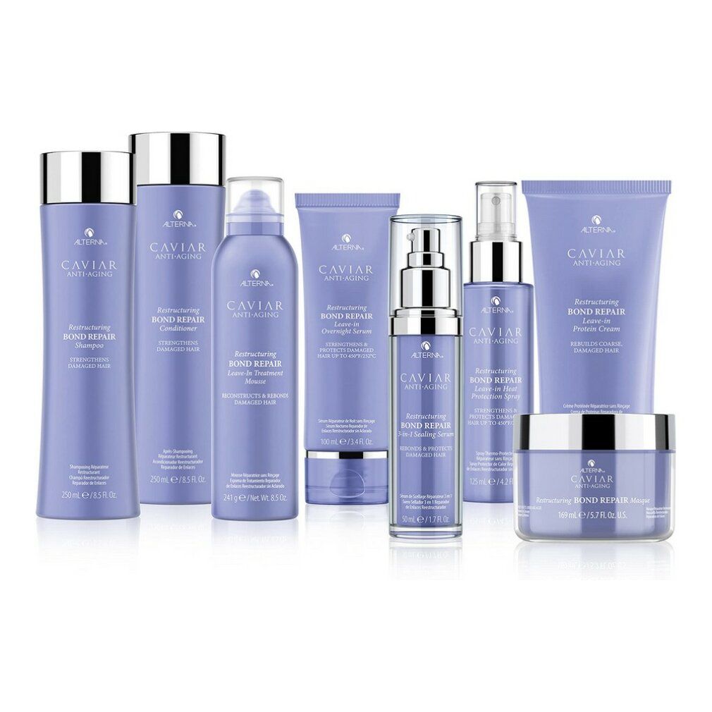 Produktreihe: Flaschen, Tuben, Tiegel. Lila Verpackung, silberne Deckel. Aufschrift: Alterna Caviar Anti-Aging, Restructuring Bond Repair.