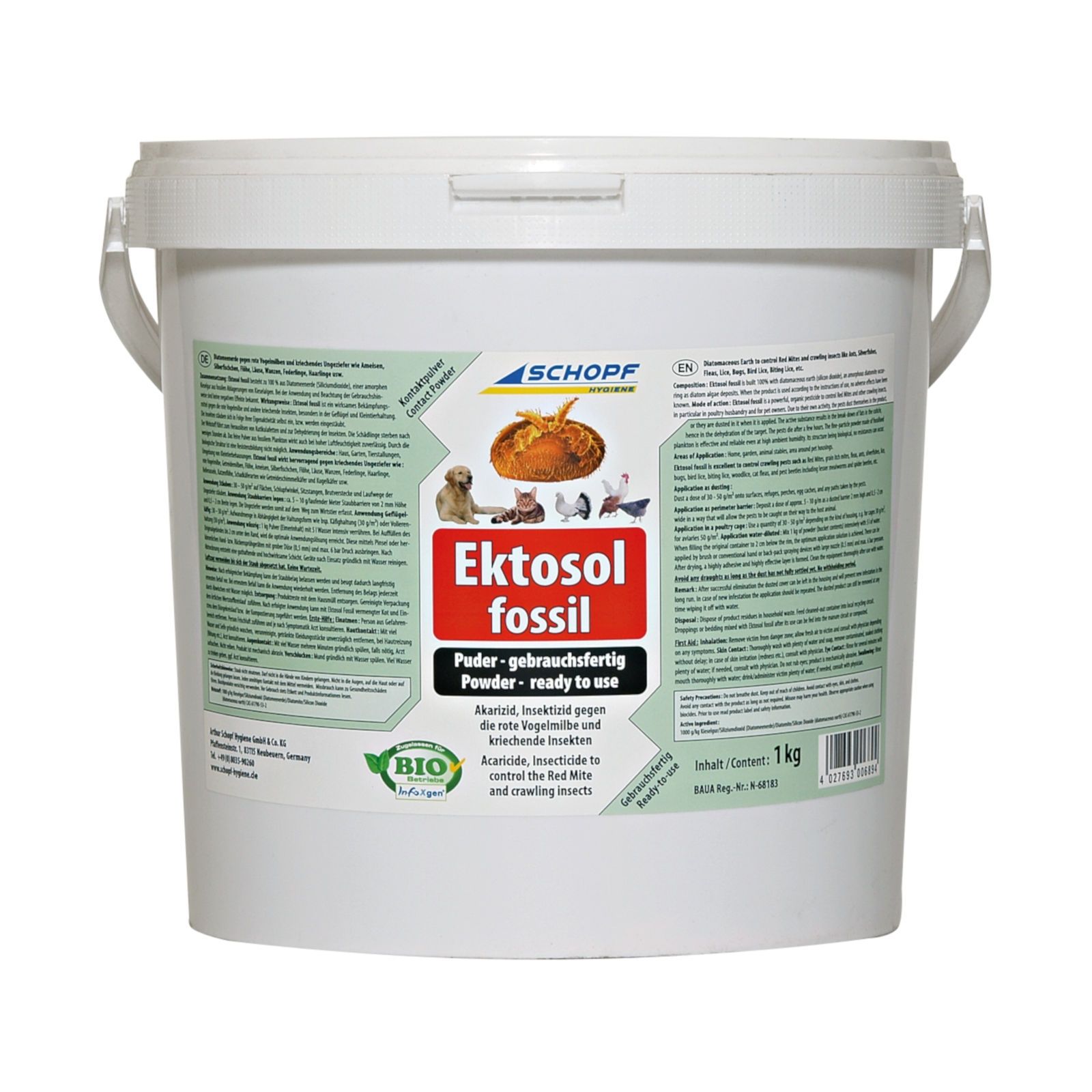 Weißer Eimer mit Produktetikett. Aufschrift: Ektosol fossil. Bio-Qualität. Inhalt: 1 kg.