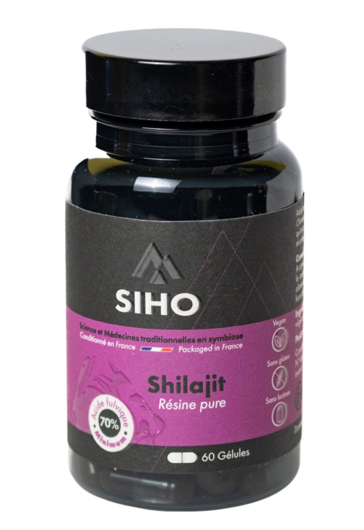 Schwarze Flasche mit SIHO Shilajit. Aufschrift: Shilajit Résine pure, 60 Gélules. Mit Logo und Zertifizierungen.