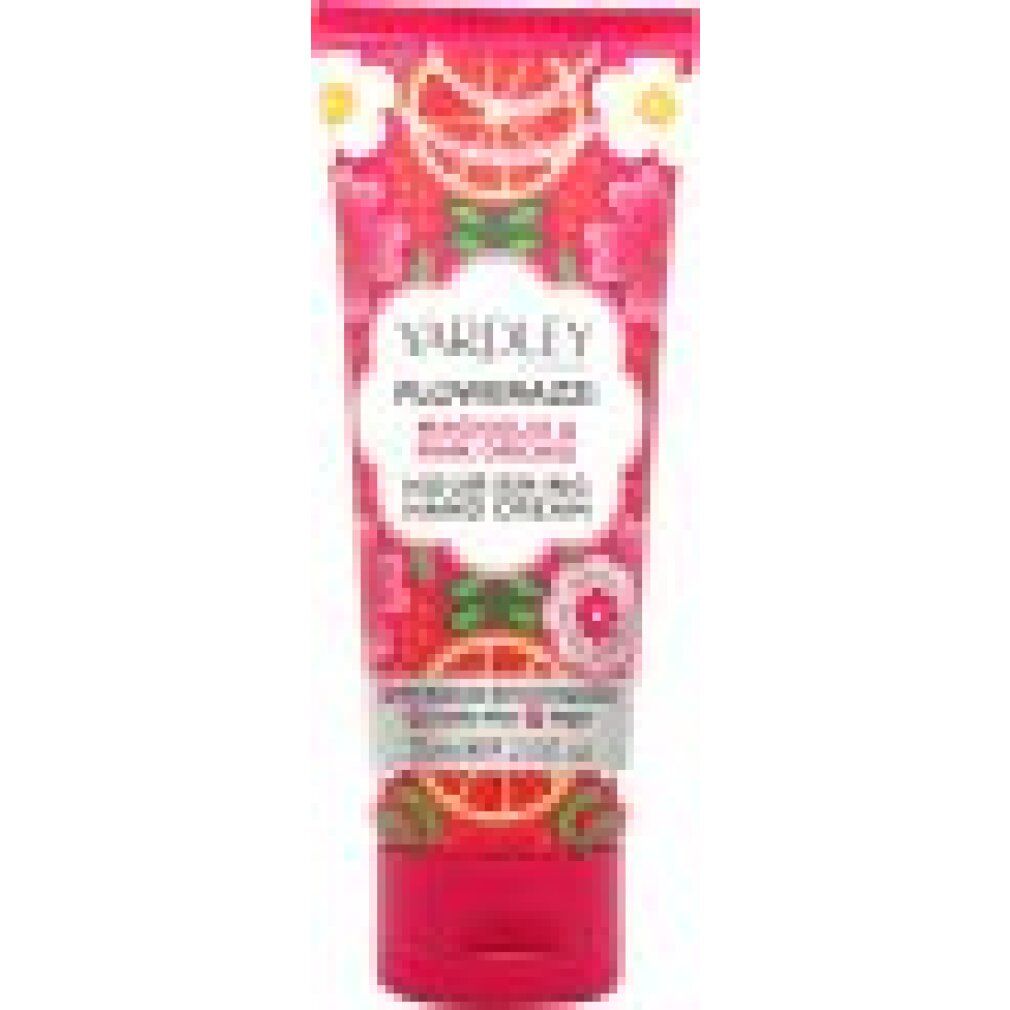 Handcreme-Tube mit floralem Design. Aufschrift: Yardley Flowerazzi Magnolia & Pink Orchid Hand Cream. 75ml.