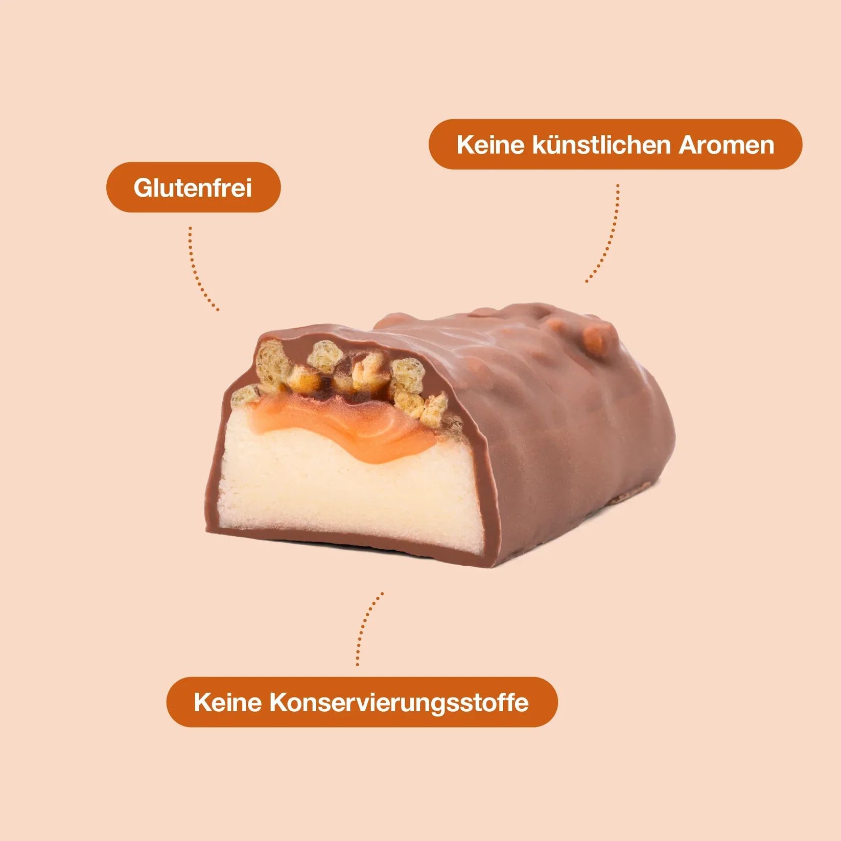 Aufgeschnittener Proteinriegel. Text: Glutenfrei, Keine künstlichen Aromen, Keine Konservierungsstoffe. Sichtbare Schichten.