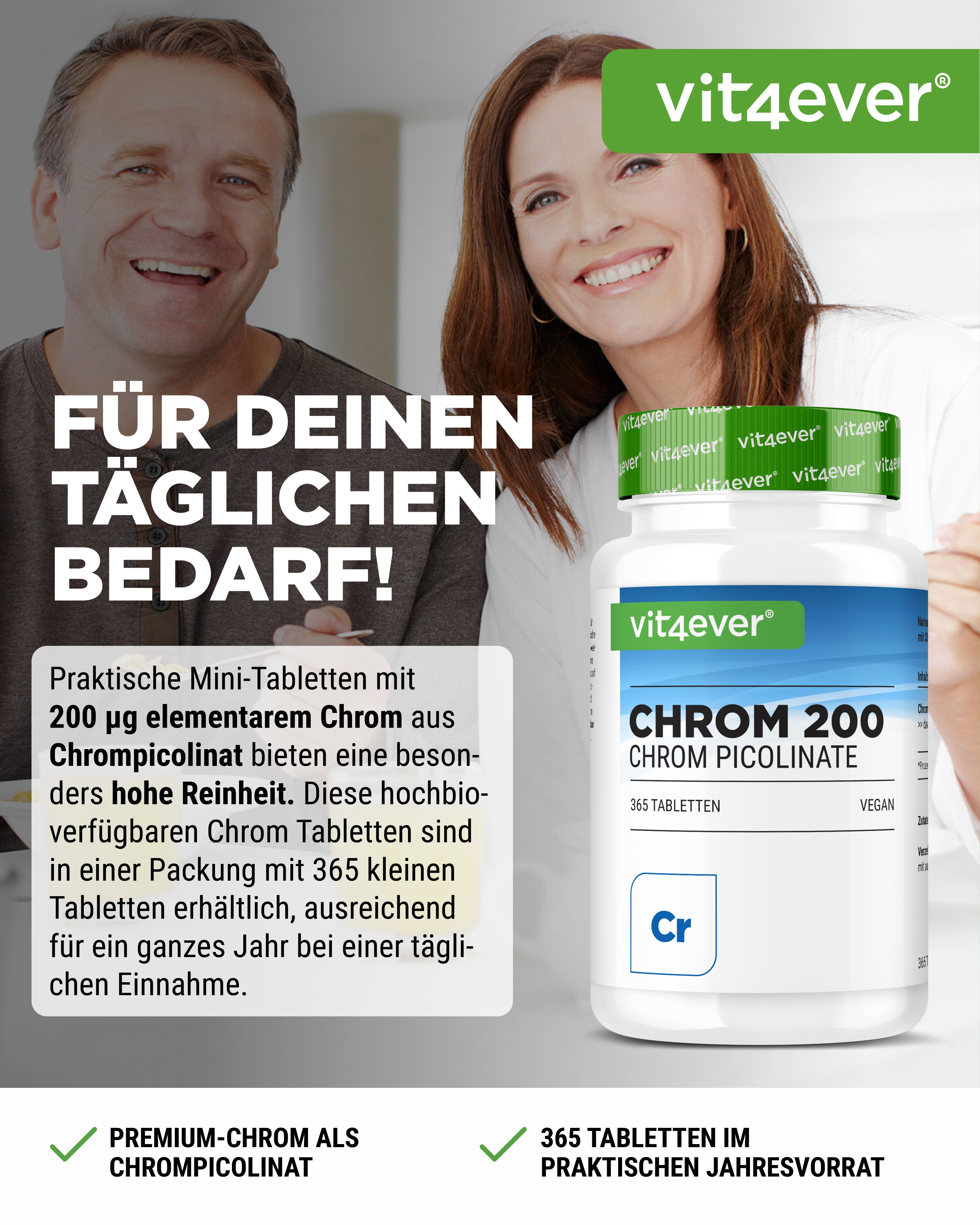 Vit4ever Chrom 200mcg Flasche mit 365 Mini-Tabletten für den täglichen Bedarf.