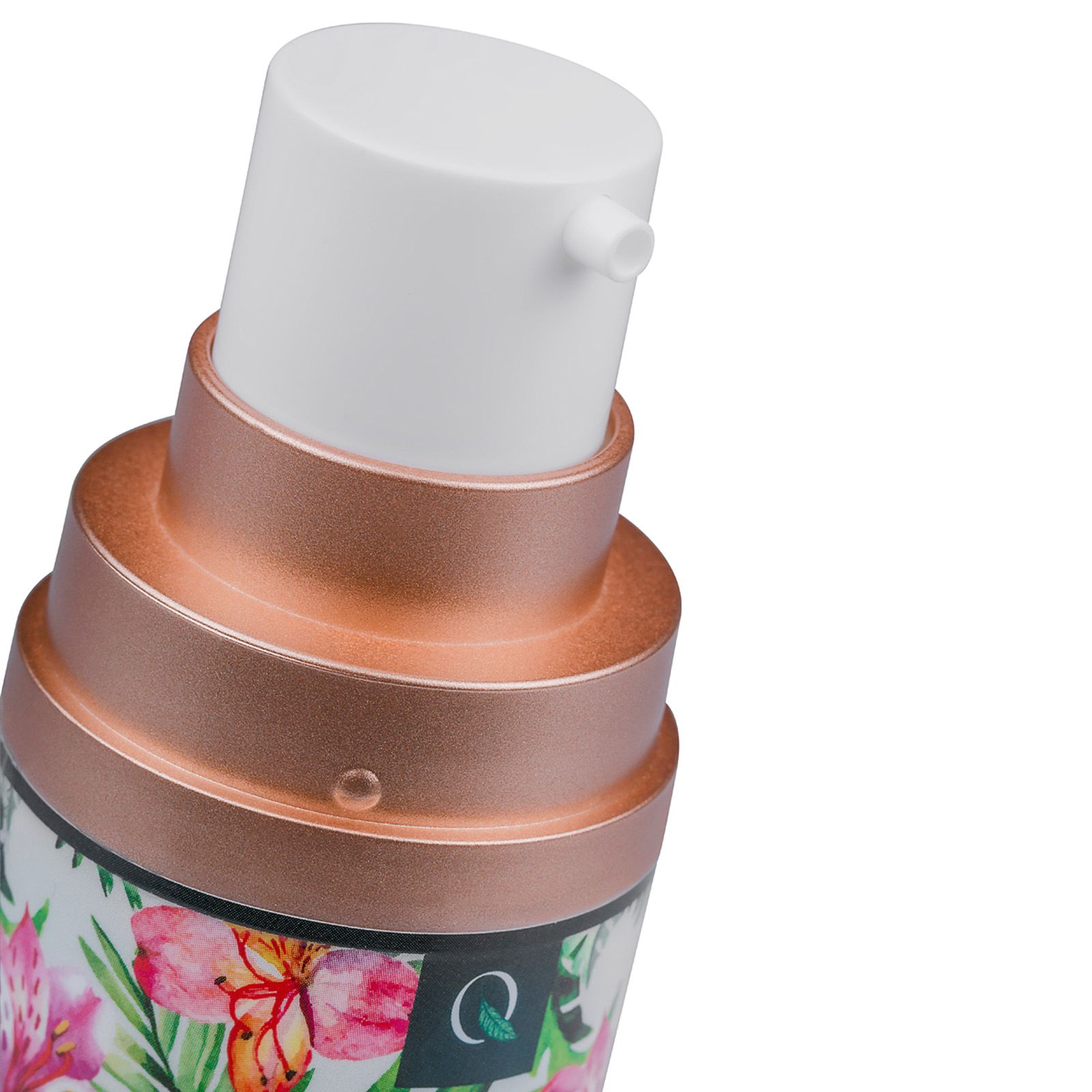 Nahaufnahme des Sprühkopfes. Roségoldfarbener Ring. Floral-Dekor. Logo.