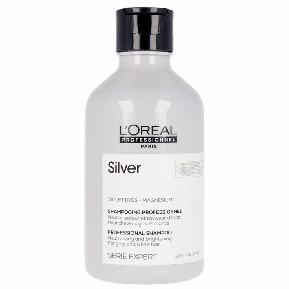 Silberne Shampoo-Flasche mit schwarzem Deckel. Text: Silver, L'Oréal Professionnel. Serie Expert. 300ml.