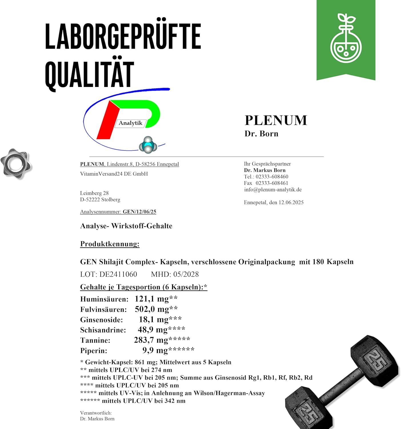 Laborgeprüfte Qualität. Analysebericht von Plenum. Produkt: GEN Shilajit Complex-Kapseln. MHD 05/2028. Analyse-Wirkstoff-Gehalte.