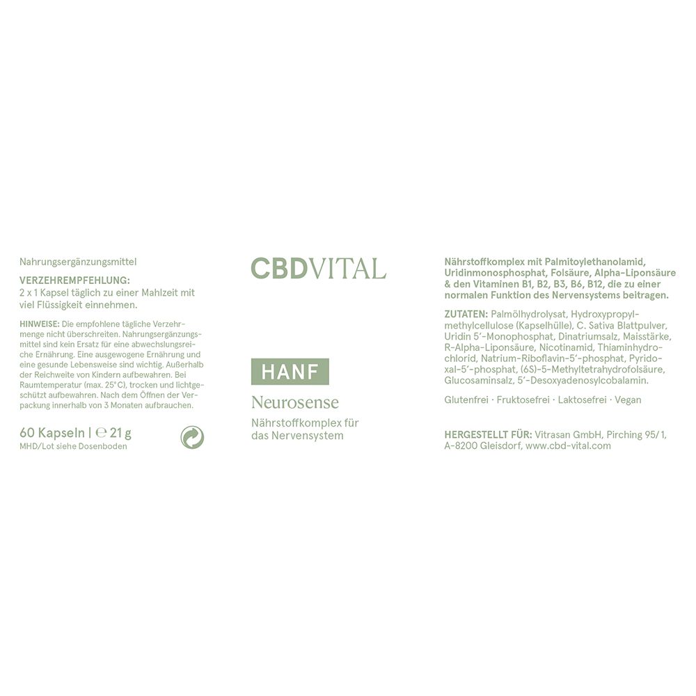Etikett mit Text. CBD VITAL Hanf Neurosense, Nährstoffkomplex für das Nervensystem. Text über Inhaltsstoffe und Verzehrempfehlung.