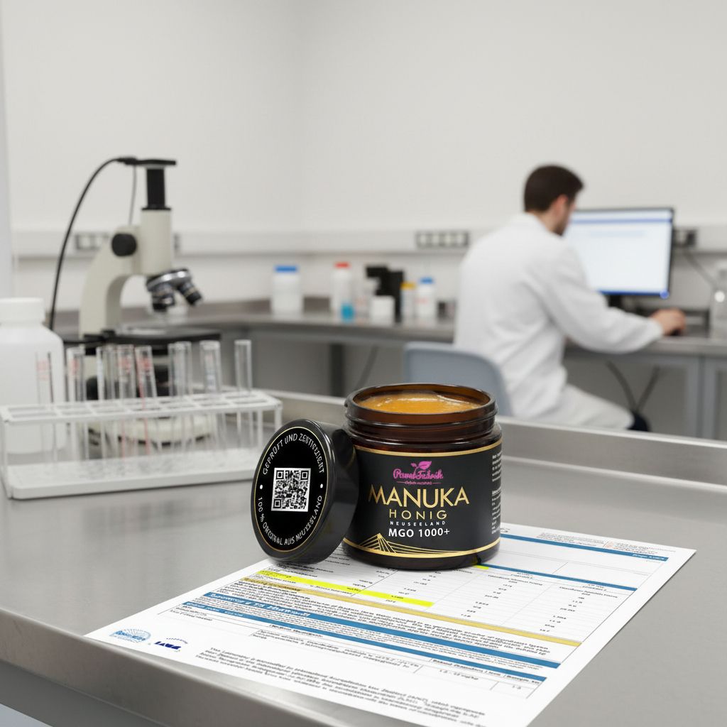 Glas Manuka Honig und Deckel auf einem Tisch. Auf dem Etikett: Manuka Honig MGO 1000+. Im Hintergrund Labor.