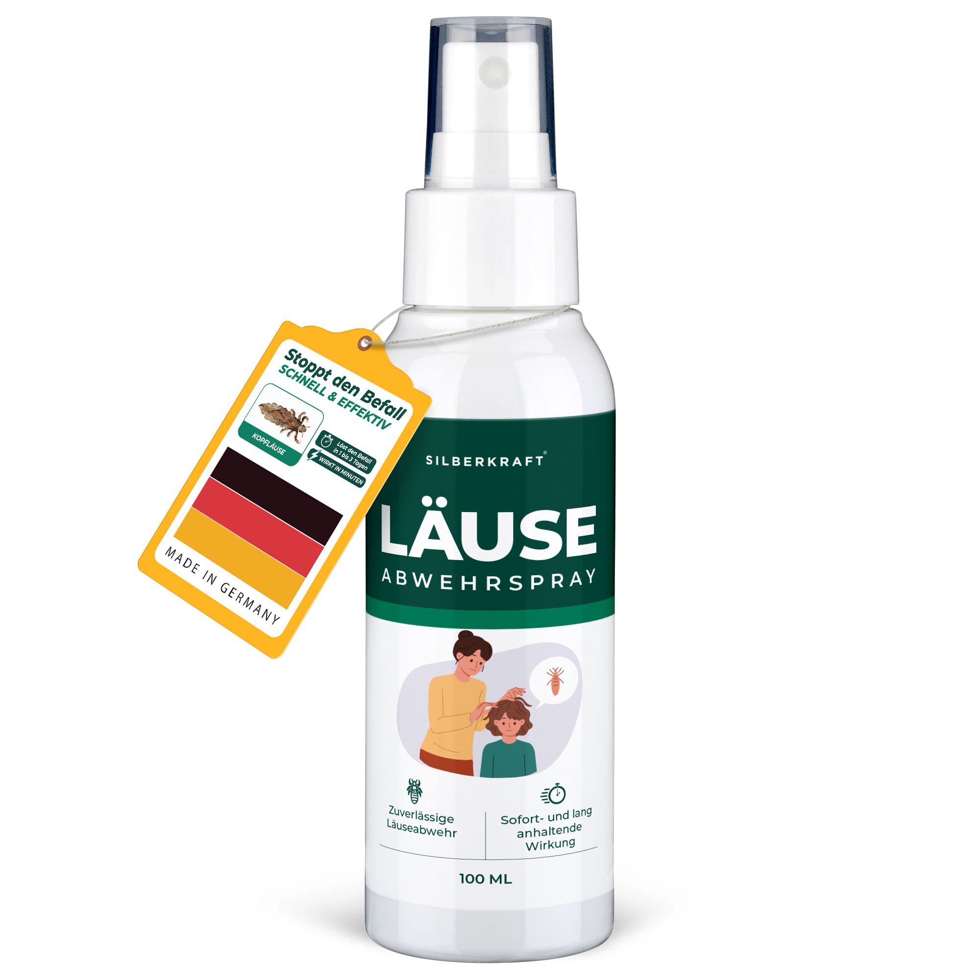 Eine 100ml Sprühflasche Silberkraft Läuse Abwehrspray. Weiße Flasche mit grünem Etikett und Sprühkopf. Gelber Anhänger 'Made in Germany'.
