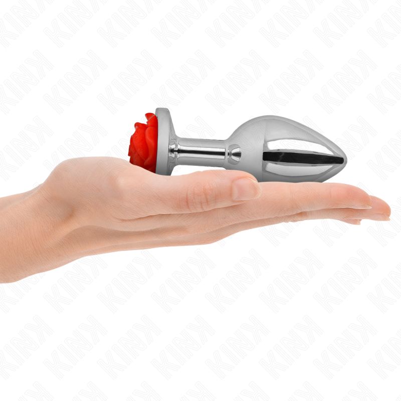 Hand hält einen silbernen Analplug mit rotem Rosen-Dekor.
