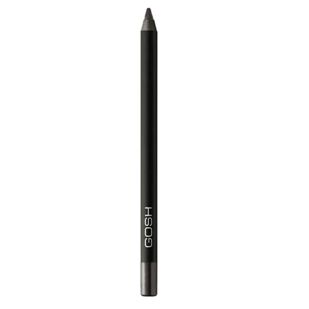 Gosh Waterproof Eyeliner in Hypnotic Grey. Schwarzer Stift mit silbernem Logo und Spitze.