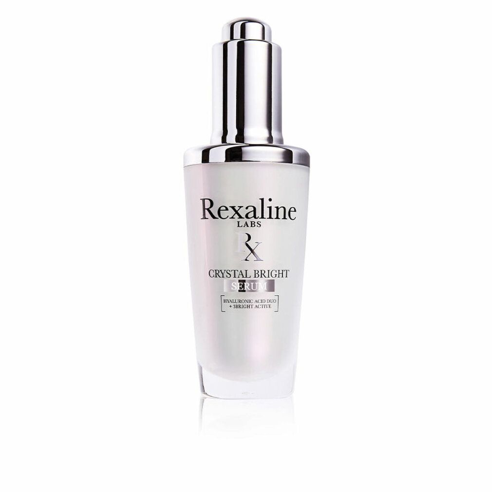 Serumflasche mit silberner Kappe und Pipette. Rexaline-Logo und Crystal Bright Serum-Schriftzug.
