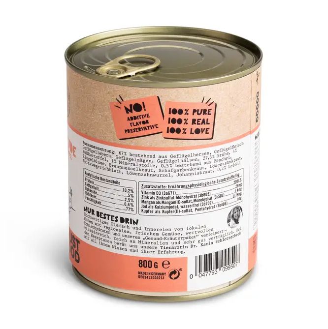 Hundefutterdose "Dogs'n Tiger". Rückseite mit Inhaltsangaben, Nährwerttabelle und Herstellerinformationen.