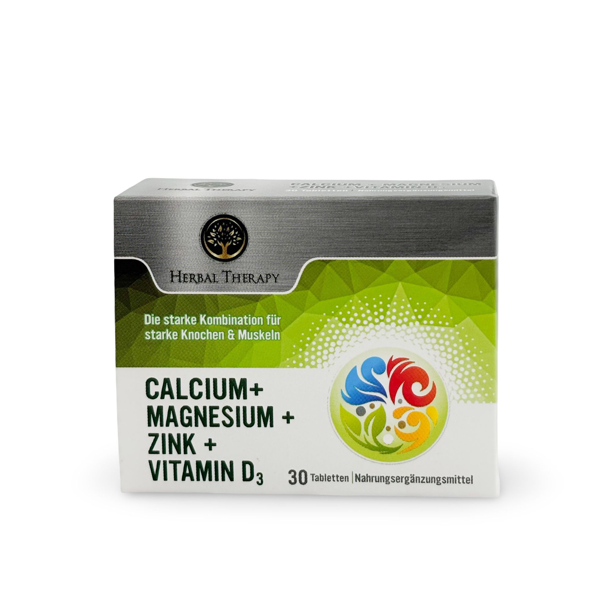 Schachtel mit Herbal Therapy Kalzium, Magnesium, Zink, Vitamin D3. Aufschrift: Calcium, Magnesium, Zink, Vitamin D3. 30 Tabletten.