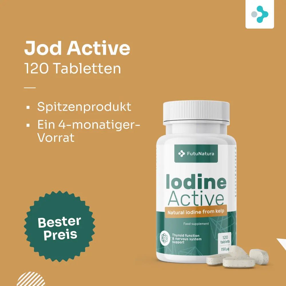 Produktabbildung mit Flasche, Tabletten und Text. Aufschrift: Jod Active, 120 Tabletten. Text: Spitzenprodukt, 4-Monats-Vorrat.