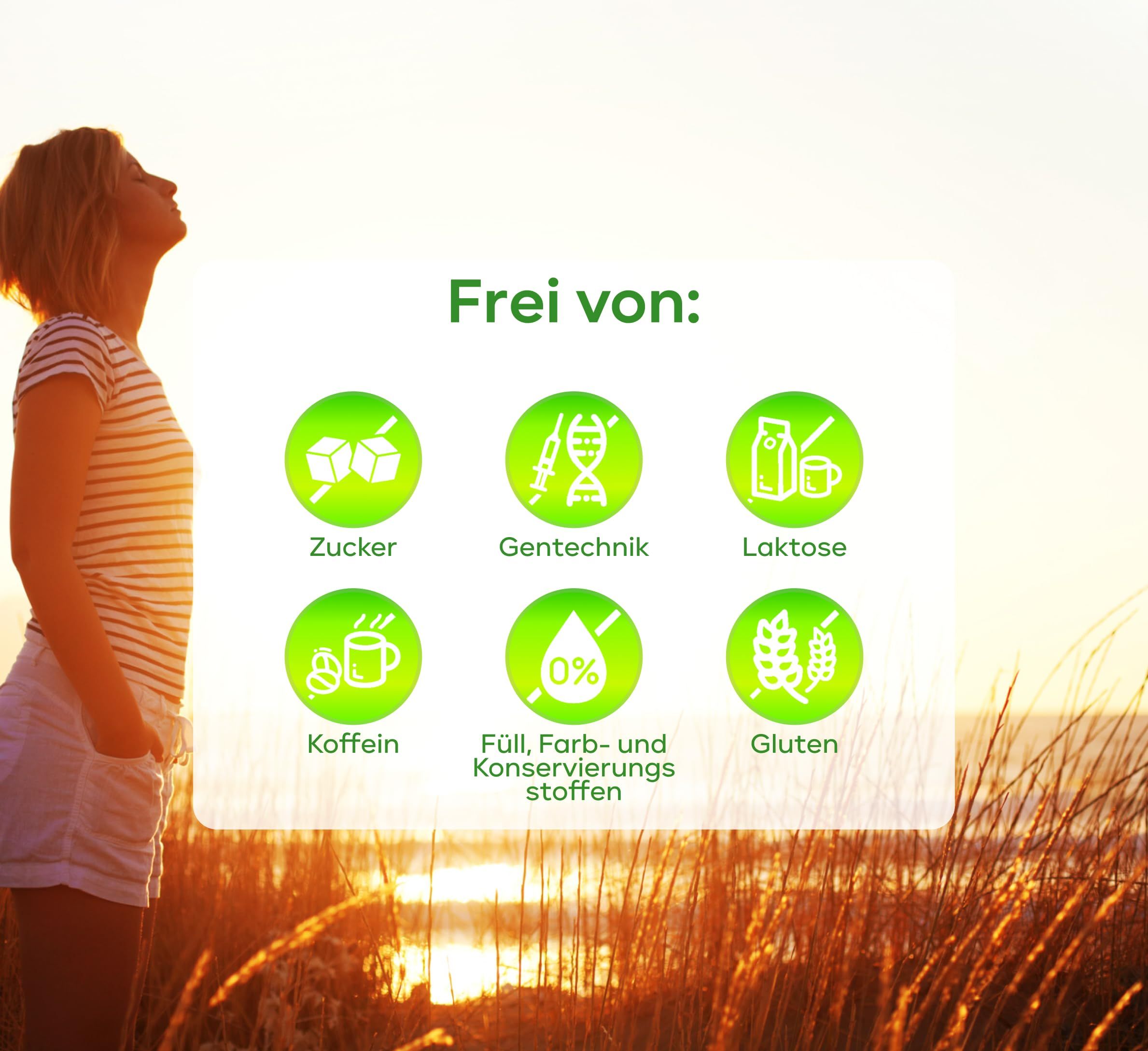 Grafik mit Symbolen: Frei von Zucker, Gentechnik, Laktose, Koffein, Füll-, Farb- und Konservierungsstoffen, Gluten.