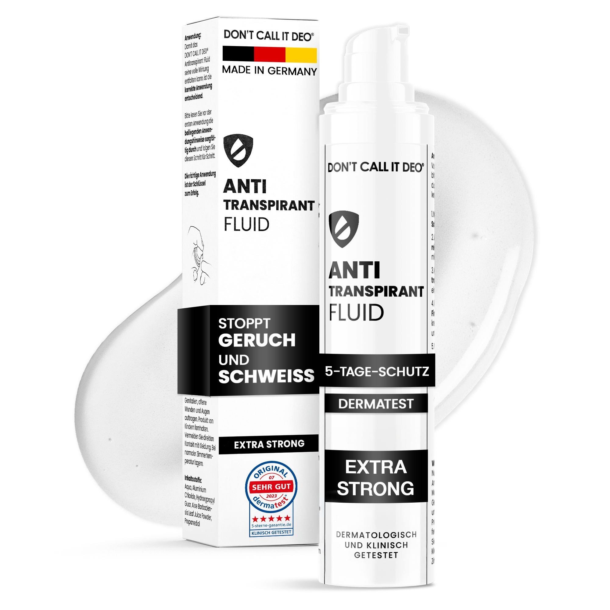 Weißes Fläschchen und Verpackung mit Aufschrift 'ANTI TRANSPIRANT FLUID'. 'EXTRA STRONG' und 'DERMATEST' Logo.