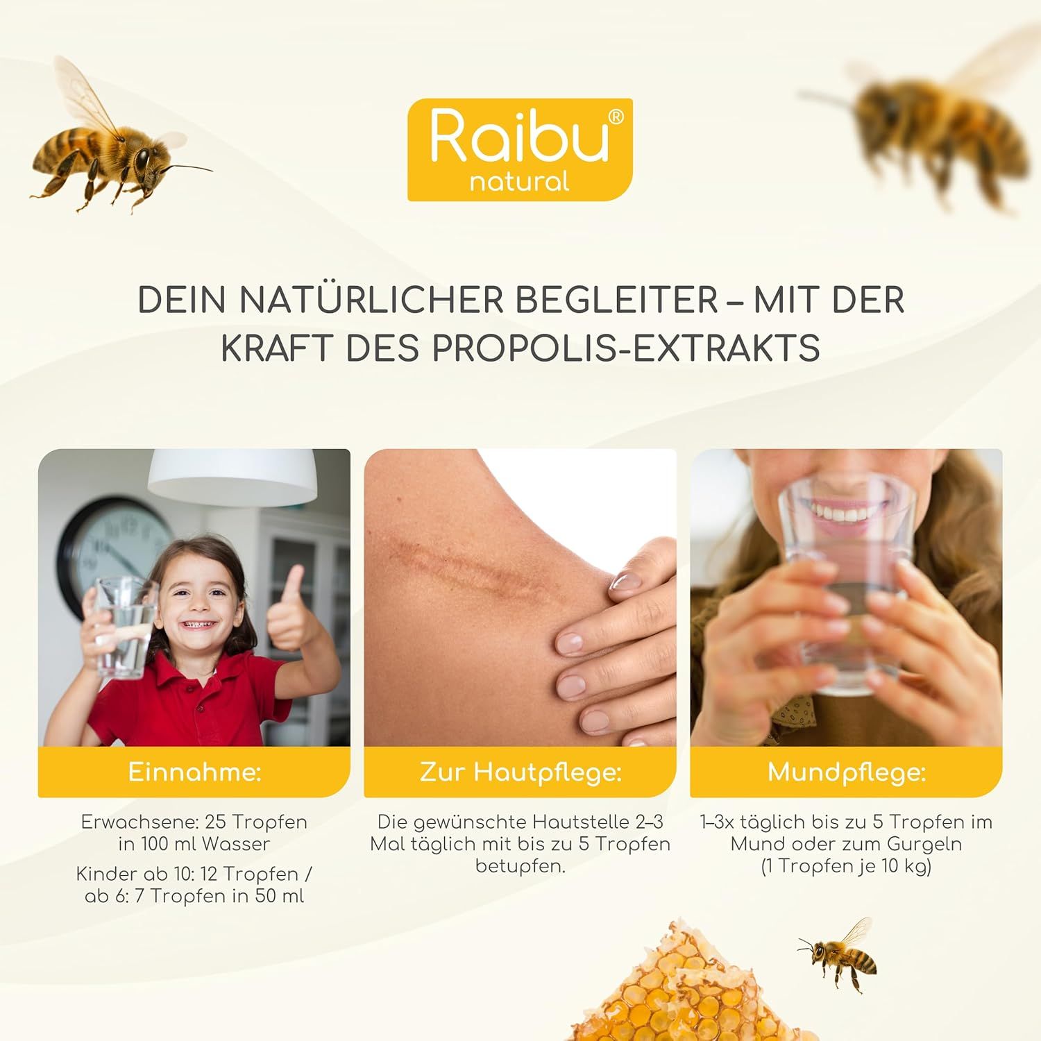 Drei Bilder zeigen: Kind trinkt, Narbe auf Haut, Mundpflege. Text: Dein natürlicher Begleiter - mit der Kraft des Propolis-Extrakts.