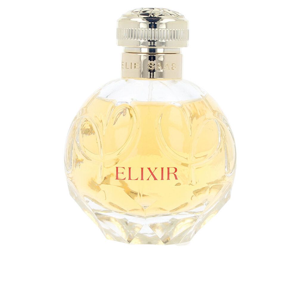 Runder Flakon mit goldfarbenem Deckel. Aufschrift "ELIXIR" in Rot. Geätztes Glas mit floralem Muster. Marke "ELIE SAAB" am Deckel.