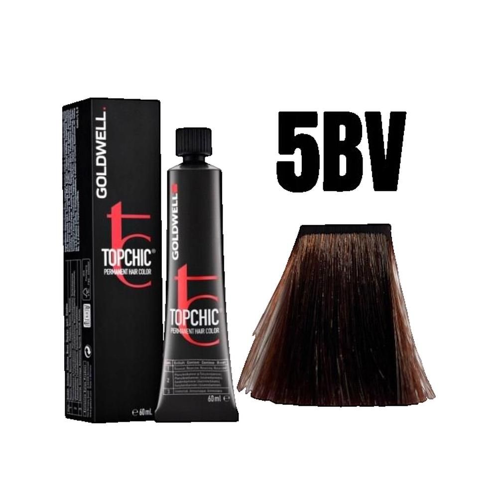 Goldwell Topchic Haarfarbe, Tube und Verpackung. Farbton 5BV. Strähne gefärbtes Haar.