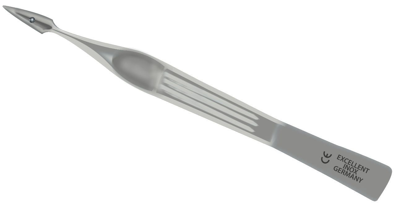 Splitterpinzette aus Metall. Spitze, längliche Form mit geriffelter Oberfläche. Geprägt: Excellent Inox Germany, CE-Zeichen.